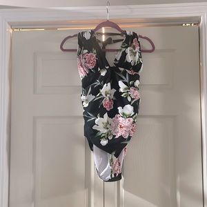 Black bathing suit with pink roses